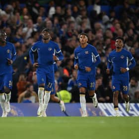  Noni Madueke celebrates scoring his team first goal after shooting a penalty kick during the English League Cup  (Photo by DANIEL LEAL/AFP via Getty Images)