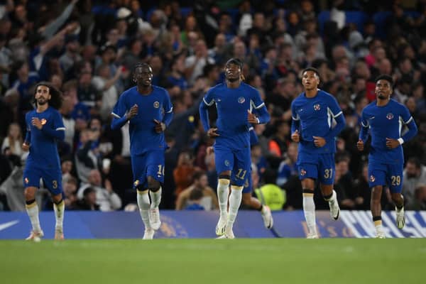  Noni Madueke celebrates scoring his team first goal after shooting a penalty kick during the English League Cup  (Photo by DANIEL LEAL/AFP via Getty Images)