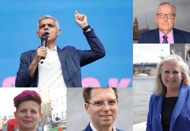Sadiq Khan (top left), Howard Cox (top right), Zoe Garbett (bottom left), Rob Blackie (centre) and Susan Hall (bottom right)