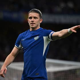 Conor Gallagher reacts during the English League Cup football match between Chelsea and  AFC Wimbledon  (Photo by DANIEL LEAL/AFP via Getty Images)