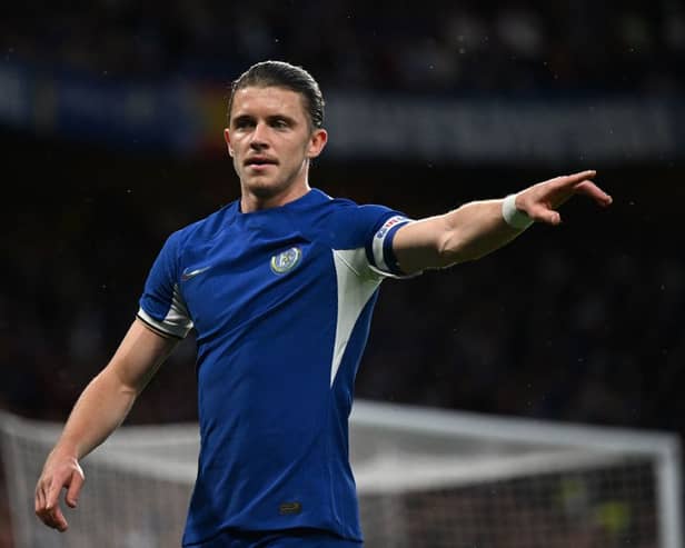 Conor Gallagher reacts during the English League Cup football match between Chelsea and  AFC Wimbledon  (Photo by DANIEL LEAL/AFP via Getty Images)