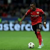 Callum Hudson-Odoi of Leverkusen runs with the ball during the UEFA Champions League group B match  (Photo by Lars Baron/Getty Images)