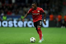 Callum Hudson-Odoi of Leverkusen runs with the ball during the UEFA Champions League group B match  (Photo by Lars Baron/Getty Images)