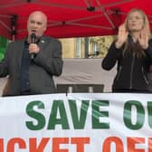 Mick Lynch speaking at the RMT rally outside Downing Street on August 31. Credit: Jack Abela.