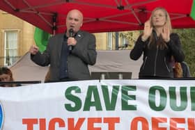 Mick Lynch speaking at the RMT rally outside Downing Street on August 31. Credit: Jack Abela.