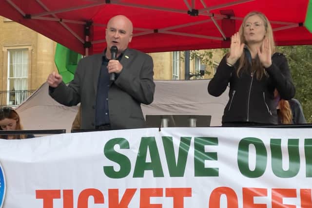 Mick Lynch speaking at the RMT rally outside Downing Street on August 31. Credit: Jack Abela.