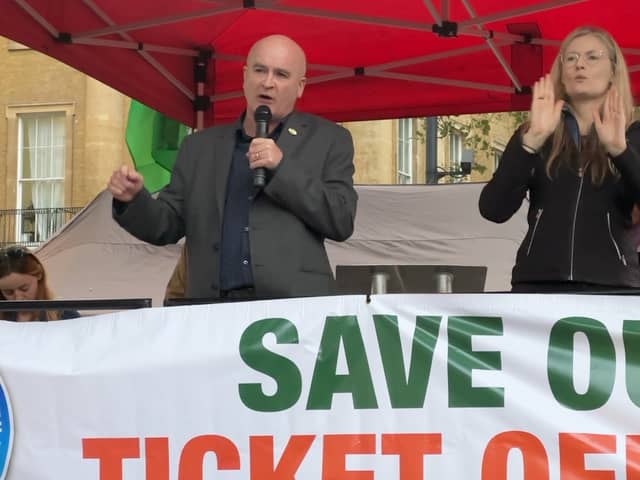 Mick Lynch speaking at the RMT rally outside Downing Street on August 31. Credit: Jack Abela.