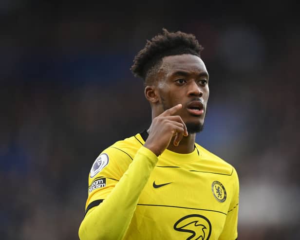 Callum Hudson-Odoi of Chelsea looks on during the Premier League match between Leicester City and Chelsea  (Photo by Michael Regan/Getty Images)