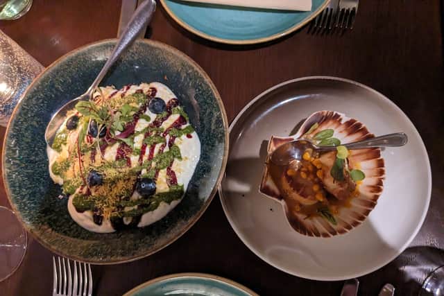 Berry papdi chaat and the grilled scallops at Kahani