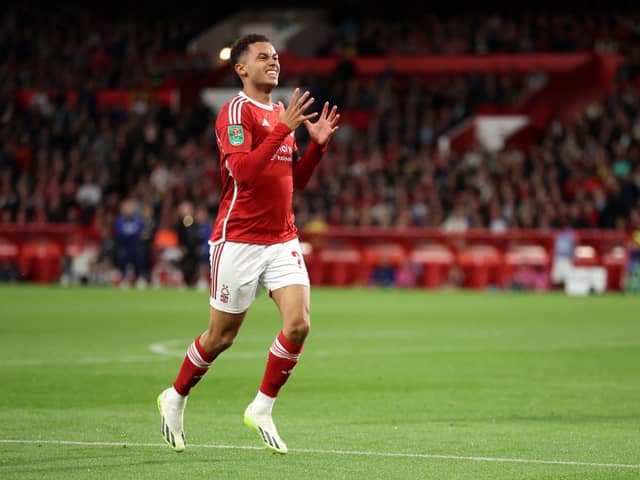 Brennan Johnson of Nottingham Forest reacts to a missed chance during the Carabao Cup  (Photo by Nathan Stirk/Getty Images)