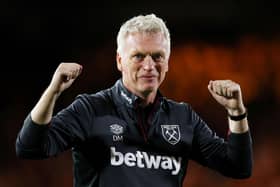 David Moyes, Manager of West Ham United, celebrates victory after the Premier League match  (Photo by Eddie Keogh/Getty Images)