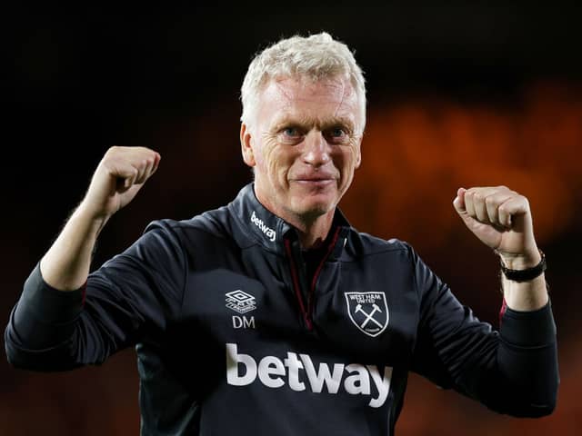 David Moyes, Manager of West Ham United, celebrates victory after the Premier League match  (Photo by Eddie Keogh/Getty Images)