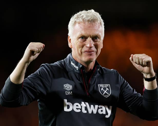 David Moyes, Manager of West Ham United, celebrates victory after the Premier League match  (Photo by Eddie Keogh/Getty Images)
