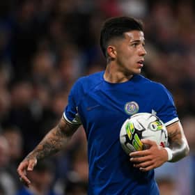 Enzo Fernandez reacts during the English League Cup football match between Chelsea and  AFC Wimbledon  (Photo by DANIEL LEAL/AFP via Getty Images)