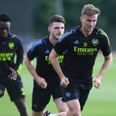  Rob Holding of Arsenal during a training session at London Colney on August 15, 2023 in St Albans, (Photo by Stuart MacFarlane/Arsenal FC via Getty Images)