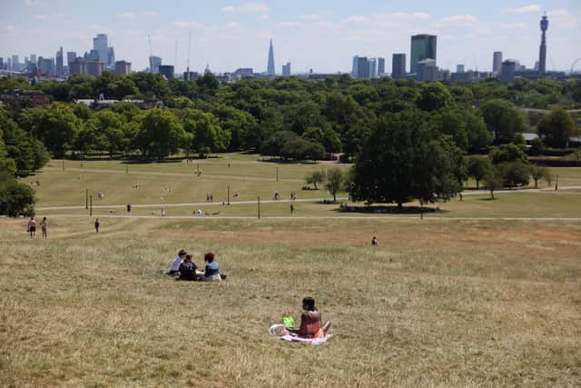 Londoners sunbathing on Primrose Hill during a heatwave. Credit: Hollie Adams/Getty Images.