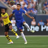  Levi Colwill #37 of Chelsea FC fields a pass in front of Youssoufa Moukoko #18 of Borussia Dortmund (Photo by Stacy Revere/Getty Images)