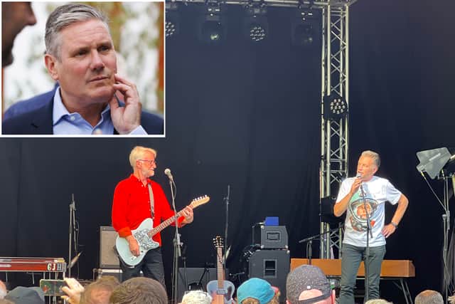 Billy Bragg praised the activism of Chris Packham, and duetted with him on A New England at Camden Music Festival. He called for Labour’s Keir Starmer to “get his arse in gear” ahead of the general election. (Photos by André Langlois/Belinda Jiao/Getty Images)