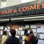 A crowd gathered in protest outside Peckham Hair and Cosmetics London. Credit: Jack Abela.