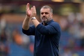 Ange Postecoglou, Manager of Tottenham Hotspur, celebrates his team's victory after the Premier League match  (Photo by Gareth Copley/Getty Images)