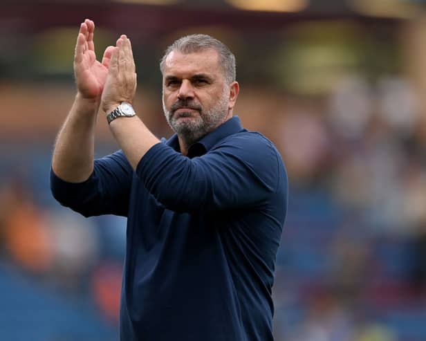 Ange Postecoglou, Manager of Tottenham Hotspur, celebrates his team's victory after the Premier League match  (Photo by Gareth Copley/Getty Images)