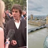 ITV News’s Sally Williams reports the weather from atop the London Eye following a challenge chosed by Tom Cruise. (Photo by Lastminute London Eye)