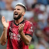 Olivier Giroud of AC Milan reacts during the UEFA Champions League Group F match between AC Milan and Newcastle United (Photo by Emilio Andreoli/Getty Images)