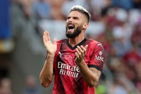 Olivier Giroud of AC Milan reacts during the UEFA Champions League Group F match between AC Milan and Newcastle United (Photo by Emilio Andreoli/Getty Images)