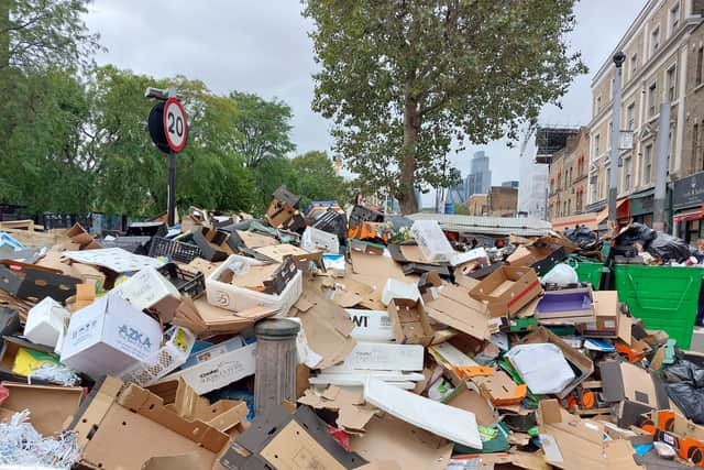 Rubbish was seen piled up along Whitechapel Road just two days into the strike by refuse workers at Tower Hamlets Council. Credit: Ben Lynch.