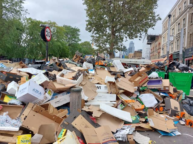 Rubbish was seen piled up along Whitechapel Road just two days into the strike by refuse workers at Tower Hamlets Council. Credit: Ben Lynch.