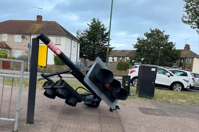 Traffic lights in Dartford, thought to have been destroyed anti-ULEZ protesters. (Photo by SWNS)