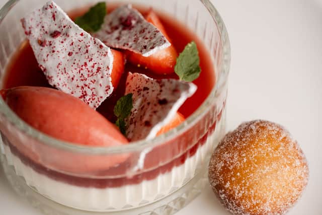 Eton Mess: Straberry Sorbet, Elderflower Pannacotta, Vanilla Meringue & Strawberry Jam Donut at the Seashorse Restaurant in the Grand Central Hotel Belfast (Grifco)