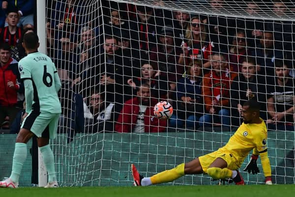 Robert Sanchez saves a shot during the English Premier League football match between Bournemouth and Chelsea  (Photo by BEN STANSALL/AFP via Getty Images)
