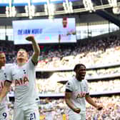  Dejan Kulusevski of Tottenham Hotspur celebrates with teammates Richarlison and Destiny Udogie after scoring . (Photo by Stephen Pond/Getty Images)