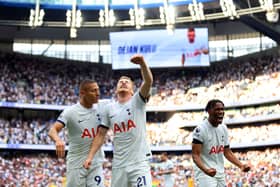  Dejan Kulusevski of Tottenham Hotspur celebrates with teammates Richarlison and Destiny Udogie after scoring . (Photo by Stephen Pond/Getty Images)