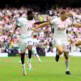 Pape Matar Sarr, Micky van de Ven and Brennan Johnson of Tottenham Hotspur celebrate after Dejan Kulusevski (Photo by Stephen Pond/Getty Images)