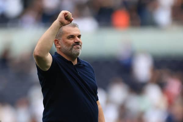 Ange Postecoglou, Manager of Tottenham Hotspur, celebrates following their sides victory after the Premier League match  (Photo by Stephen Pond/Getty Images)