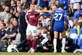 Malo Gusto of Chelsea is sent off after a foul on Lucas Digne of Aston Villa during the Premier League match (Photo by Justin Setterfield/Getty Images)
