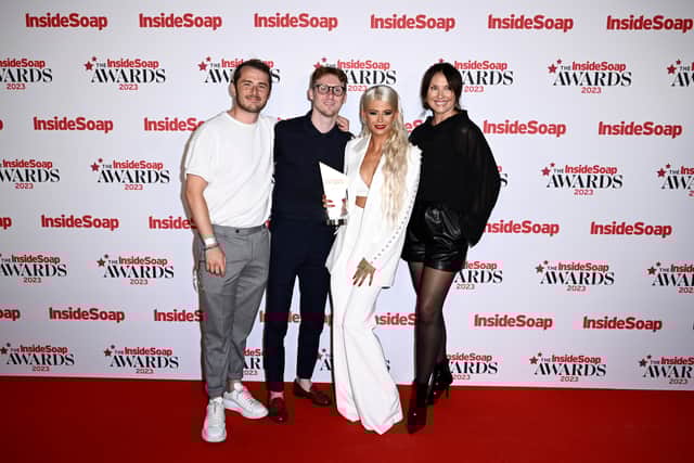 EastEnders’ Max Bowden, Jamie Borthwick, Danielle Harold with the Best Soap award, along with Emma Barton at the Inside Soap Awards 2023. (Photo by Gareth Cattermole/Getty Images)