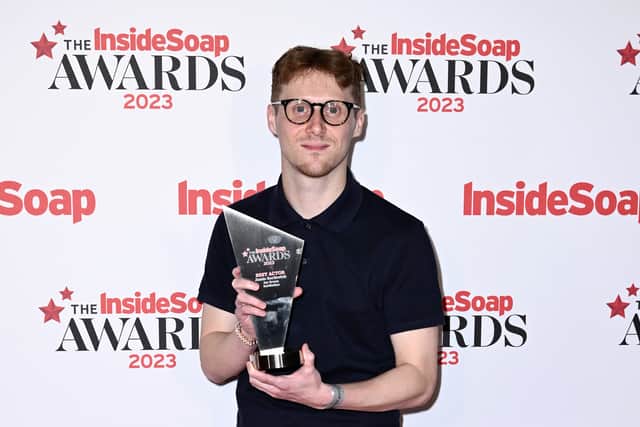 Jamie Borthwick with the Best Actor gong at the Inside Soap Awards 2023 at Salsa! on September 25, 2023 in London, England. (Photo by Gareth Cattermole/Getty Images)
