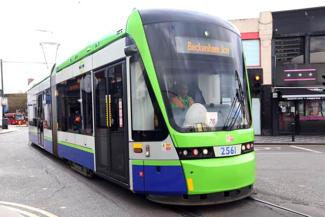 A TfL tram in Croydon. (Photo by David Cook)