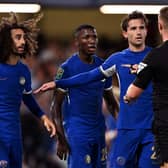 Marc Cucurella, Moises Caicedo and Ben Chilwell of Chelsea react during the Carabao Cup Third Round match  (Photo by Mike Hewitt/Getty Images)