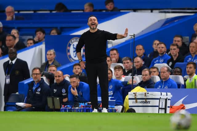 Roberto De Zerbi, Manager of Brighton & Hove Albion, reacts during the Carabao Cup Third Round match between Chelsea and Brighton  (Photo by Justin Setterfield/Getty Images)
