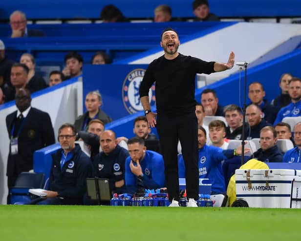 Roberto De Zerbi, Manager of Brighton & Hove Albion, reacts during the Carabao Cup Third Round match between Chelsea and Brighton  (Photo by Justin Setterfield/Getty Images)