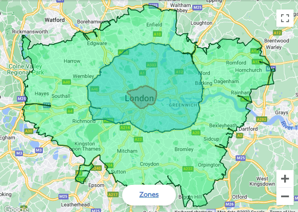 A map showing the expanded ULEZ. Credit: TfL/Google. 