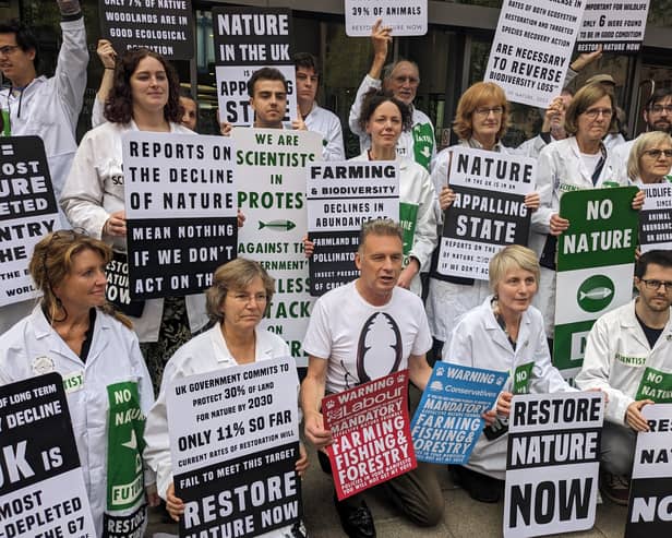 British wildlife campaigner Chris Packham at protest outside the Department for Environment, Food & Rural Affairs (DEFRA) building 