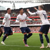  Heung-Min Son of Tottenham Hotspur celebrates after scoring the team’s second goal during the Premier League match  (Photo by Ryan Pierse/Getty Images)