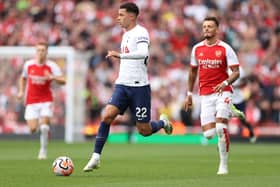 Brennan Johnson of Tottenham Hotspur controls the ball during the Premier League match between Arsenal FC and Tottenham Hotspur . (Photo by Ryan Pierse/Getty Images)