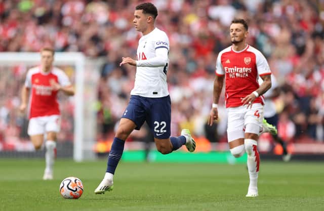 Brennan Johnson of Tottenham Hotspur controls the ball during the Premier League match between Arsenal FC and Tottenham Hotspur . (Photo by Ryan Pierse/Getty Images)