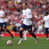 James Maddison of Tottenham Hotspur controls the ball during the Premier League match . (Photo by Ryan Pierse/Getty Images)